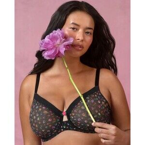 Curvy Couture Sheer Mesh Unlined Underwire Bra  Size 34G  NWT Black Meadow Dream
